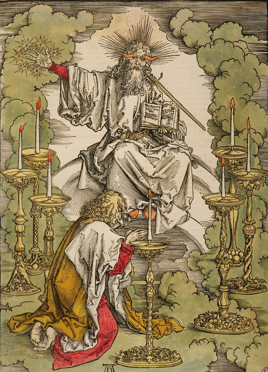 St. John på øen Patmos modtager inspiration fra Gud til at skabe Apokalypsen, 1498 (farvetræsnit) af Albrecht Dürer