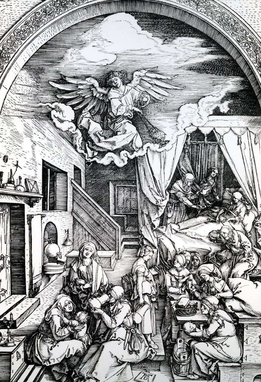 Jomfruens fødsel, fra Jomfruens livscyklus, 1511 (træsnit på papir) af Albrecht Dürer