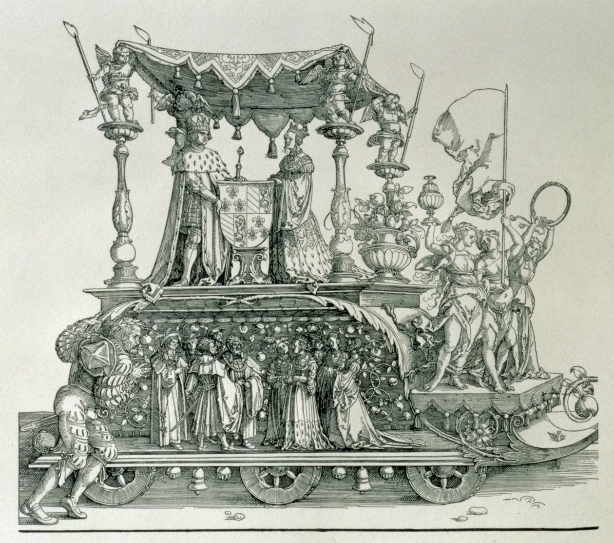 Det burgundiske ægteskab eller triumftoget af kejser Maximilian I af Tyskland (1459-1519), der viser Maximilians og Maria af Bourgognes bryllupsvogn (1458-82) styret af Vic-skikkelsen af Albrecht Dürer