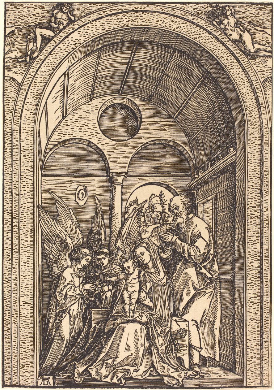 Den hellige familie med to engle i en hvælvet hal af Albrecht Dürer