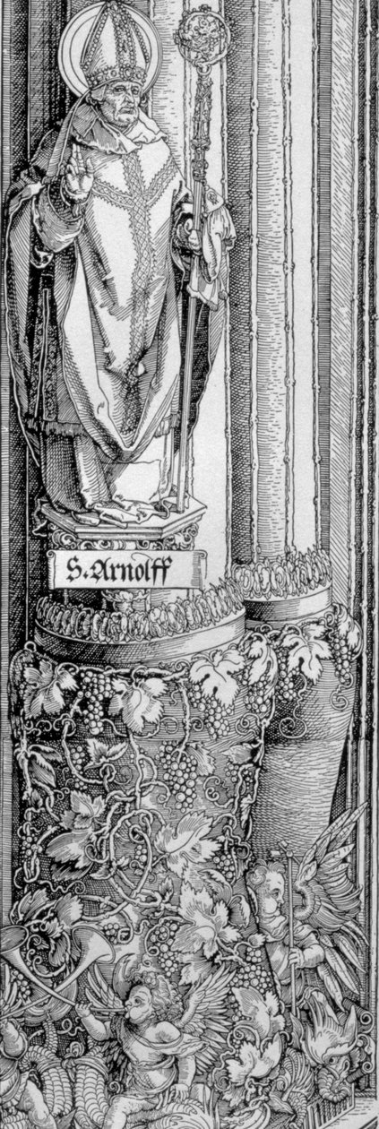 Kejser Maximilian I af Tysklands triumfbue (1459-1519): detalje af søjle fra venstre port, der viser statue af St. Arnulf (d.643) med en vinstokke nedenfor og keruber, der blæser i trompeter, pub. af Albrecht Dürer