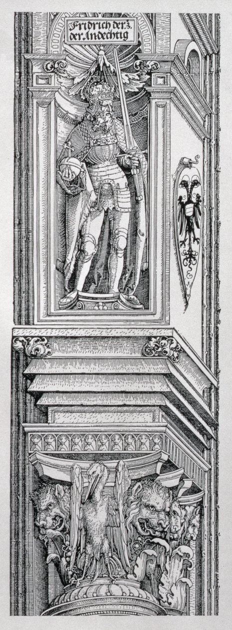 Triumfbuen af kejser Maximilian I af Tyskland (1459-1519): detalje af et dekorativt skema for det centrale afsnit, der viser en statue af Frederik III af Tyskland (1415-93), kejser Maximils far af Albrecht Dürer
