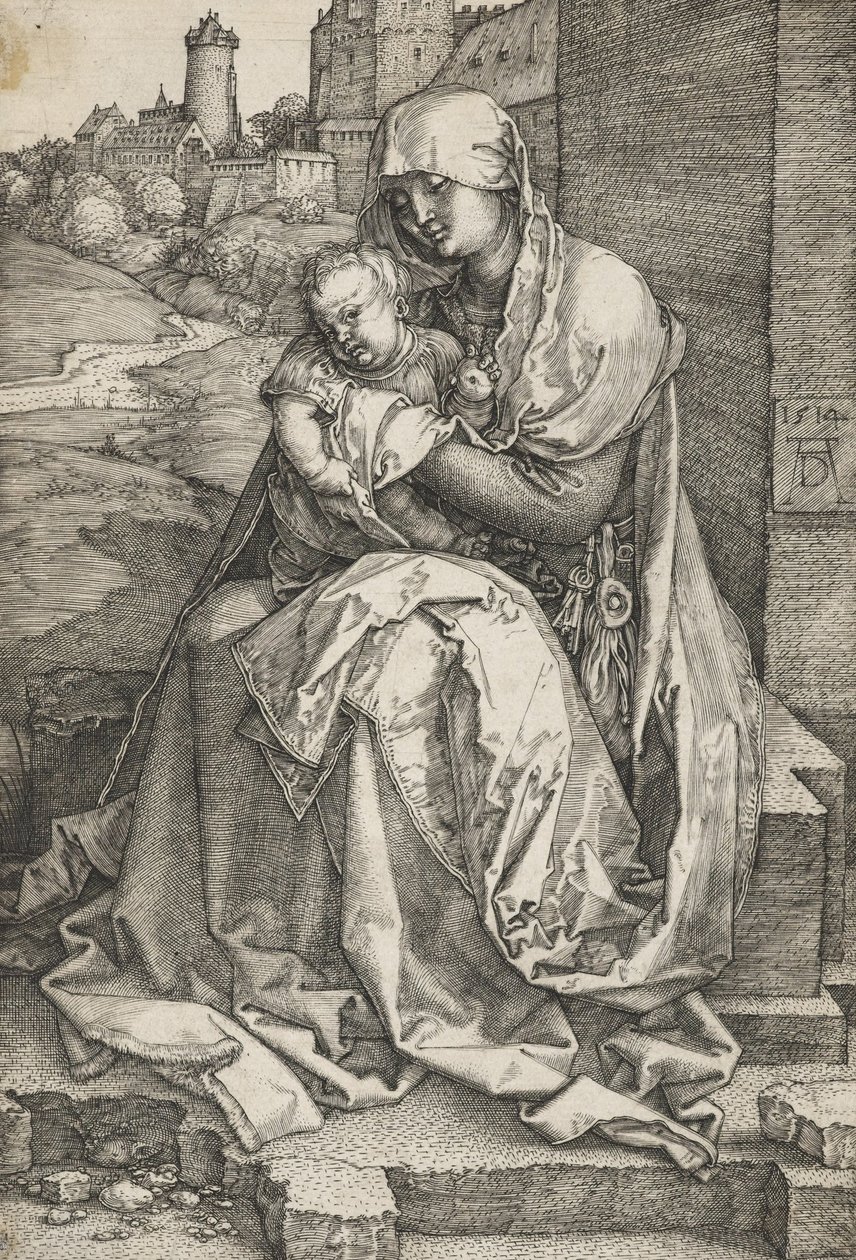 Jomfruen sidder ved en mur af Albrecht Dürer