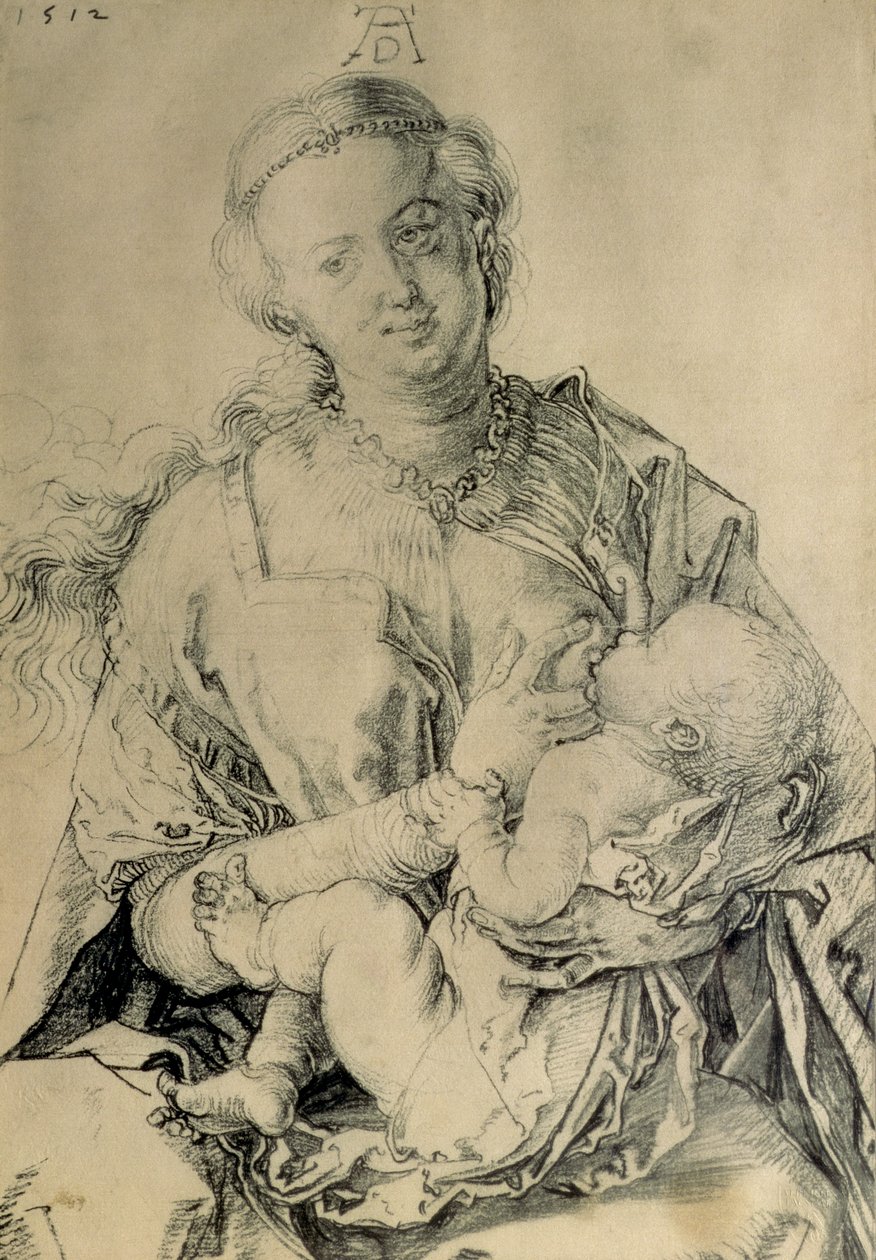 Jomfru Maria dier Kristusbarnet, 1512 (kultegning) af Albrecht Dürer