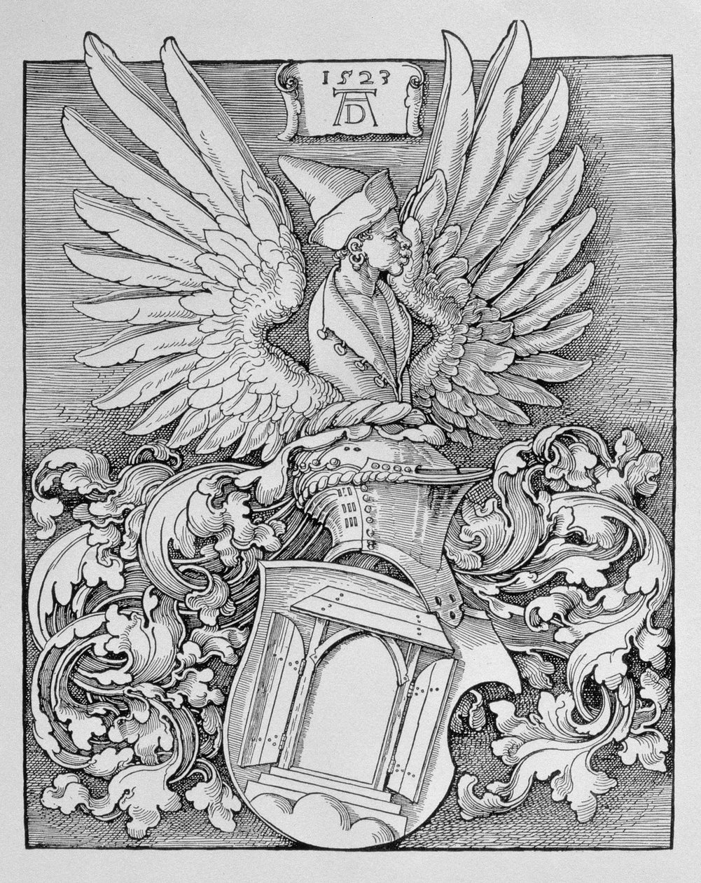 Dürer-familiens våbenskjold med kunstnerens monogram og plads til en indskrift, 1523 af Albrecht Dürer