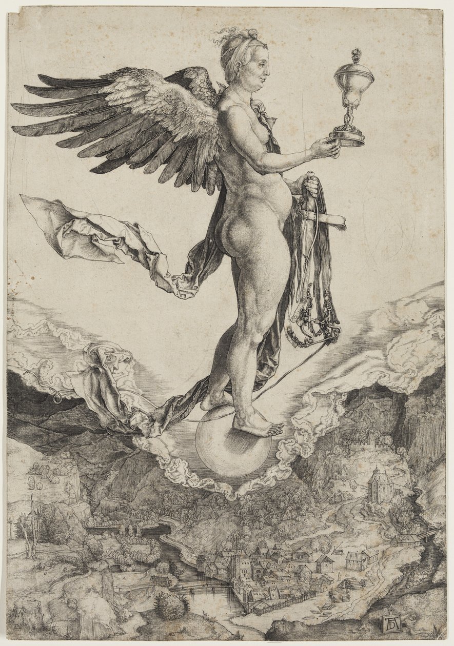 Nemesis, mellem 1501 og 1502 (gravering trykt med sort blæk på lagt papir) af Albrecht Dürer