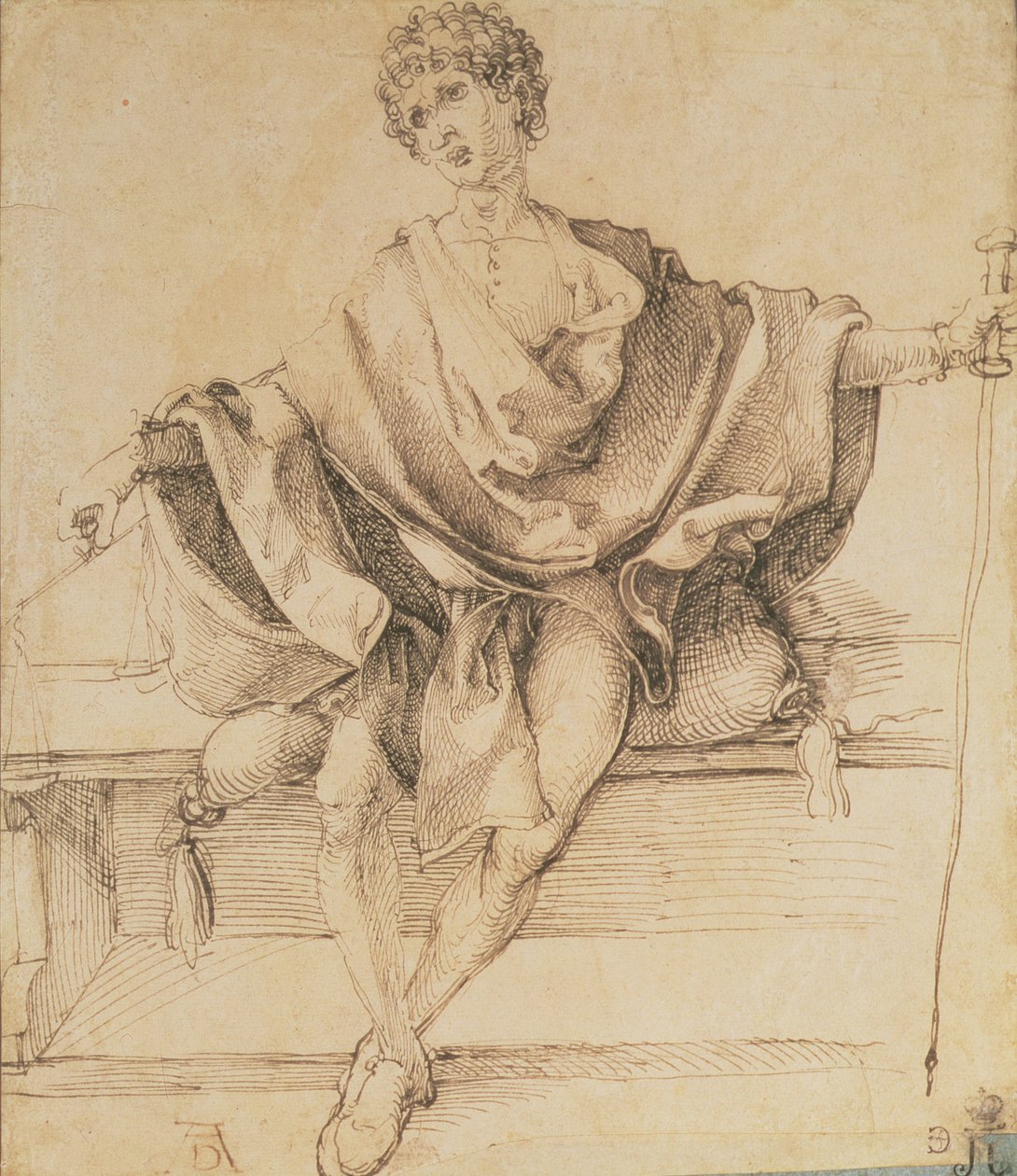 Siddende ungdom med vægt og stok, 1498 (pen og blæk) af Albrecht Dürer