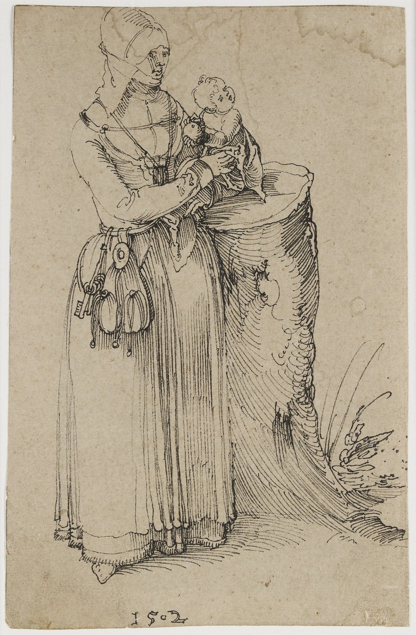 Stående figur af en kvinde, der holder et barn, 1502 (pen og indisk blæk på misfarvet brunligt papir) af Albrecht Dürer