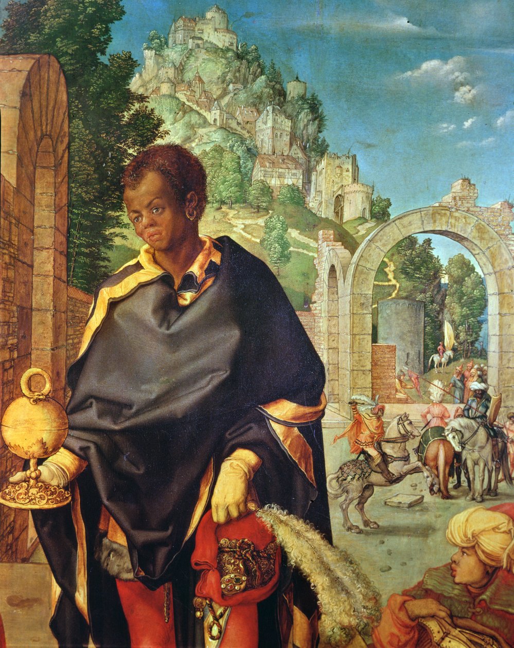 The Adoration of the Magi detalje af Balthazar, 1504 olie på panel af Albrecht Dürer