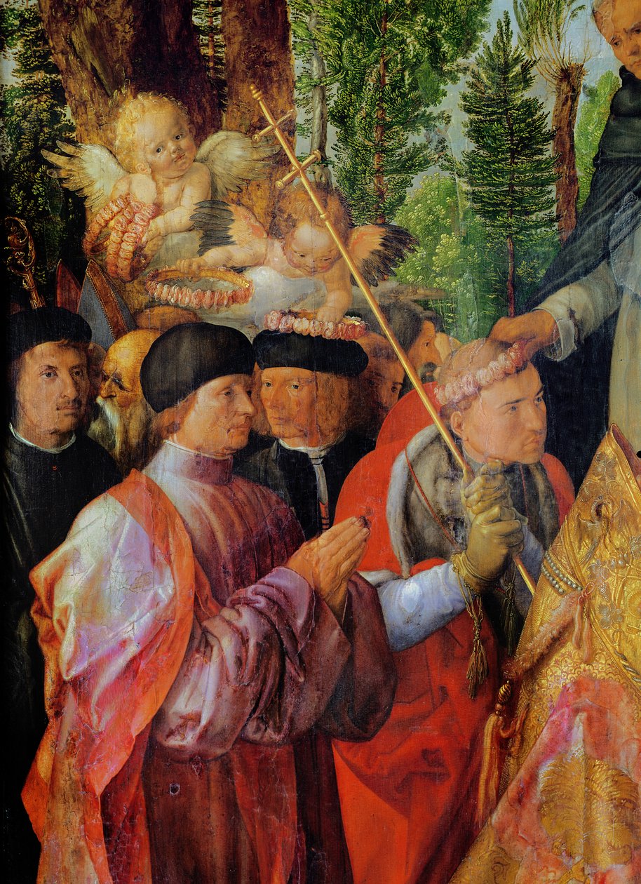 The Festival of the Rose Gardens, detalje til venstre: beder, 1506 (olie på træ) af Albrecht Dürer