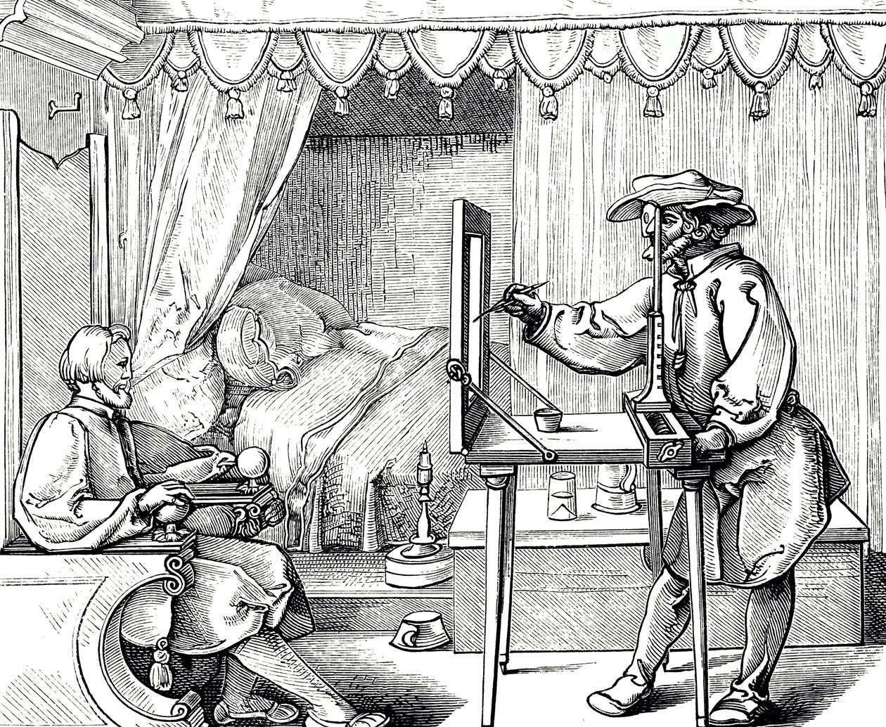 En træsnitsgravering, der forestiller en kunstner, der bruger et tegnehjælpemiddel for at få et portræts proportioner korrekt. Gravering af Albrecht Dürer (1471-1528), en tysk maler, grafiker og teoretiker fra renæssancen af Albrecht (after) Durer or Duerer