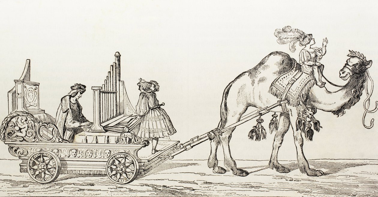 Organisten Paul Hoffaner spiller i en vogn trukket af en kamel, ca. 1880 (gravering) af Albrecht (after) Durer or Duerer
