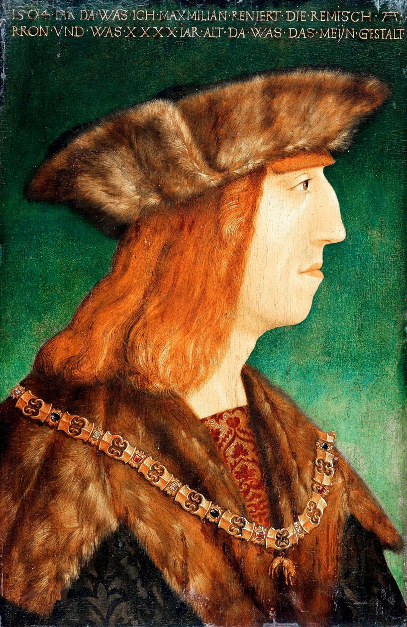 ""Portræt af kejser Maximilian I af Habsburg (1459-1519), den hellige romerske kejser"" Maleri fra Albrecht Dürers (1471-1528) værksted, efter 1504 - Olie på træ, 54,6x36,1 - Staatliche Museen, Berlin af Albrecht (follower of) Durer or Duerer