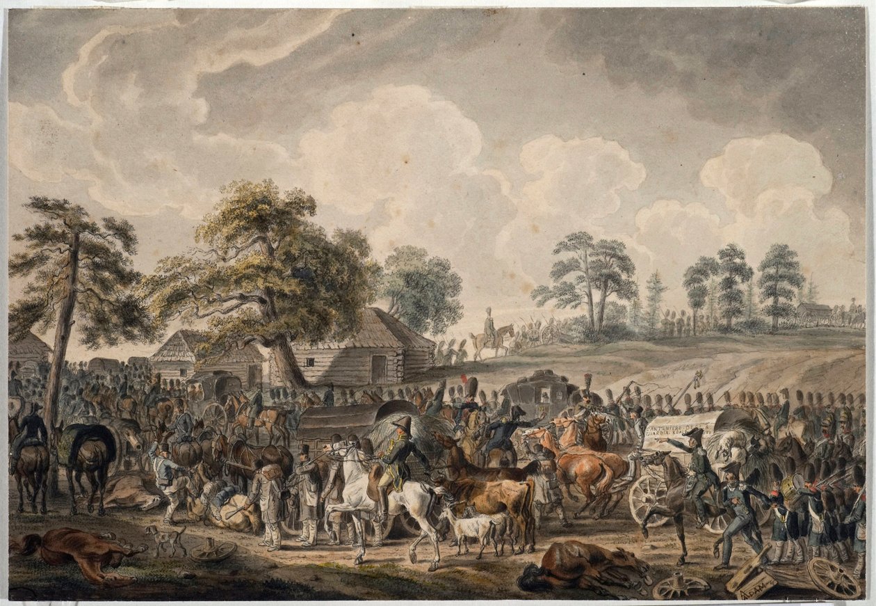 La Grande Armee krydsede Daugava-floden (eller Western Dvina) den 24. juli 1812 (Den franske hær krydsede Daugava-floden den 24. juli af Albrecht Adam