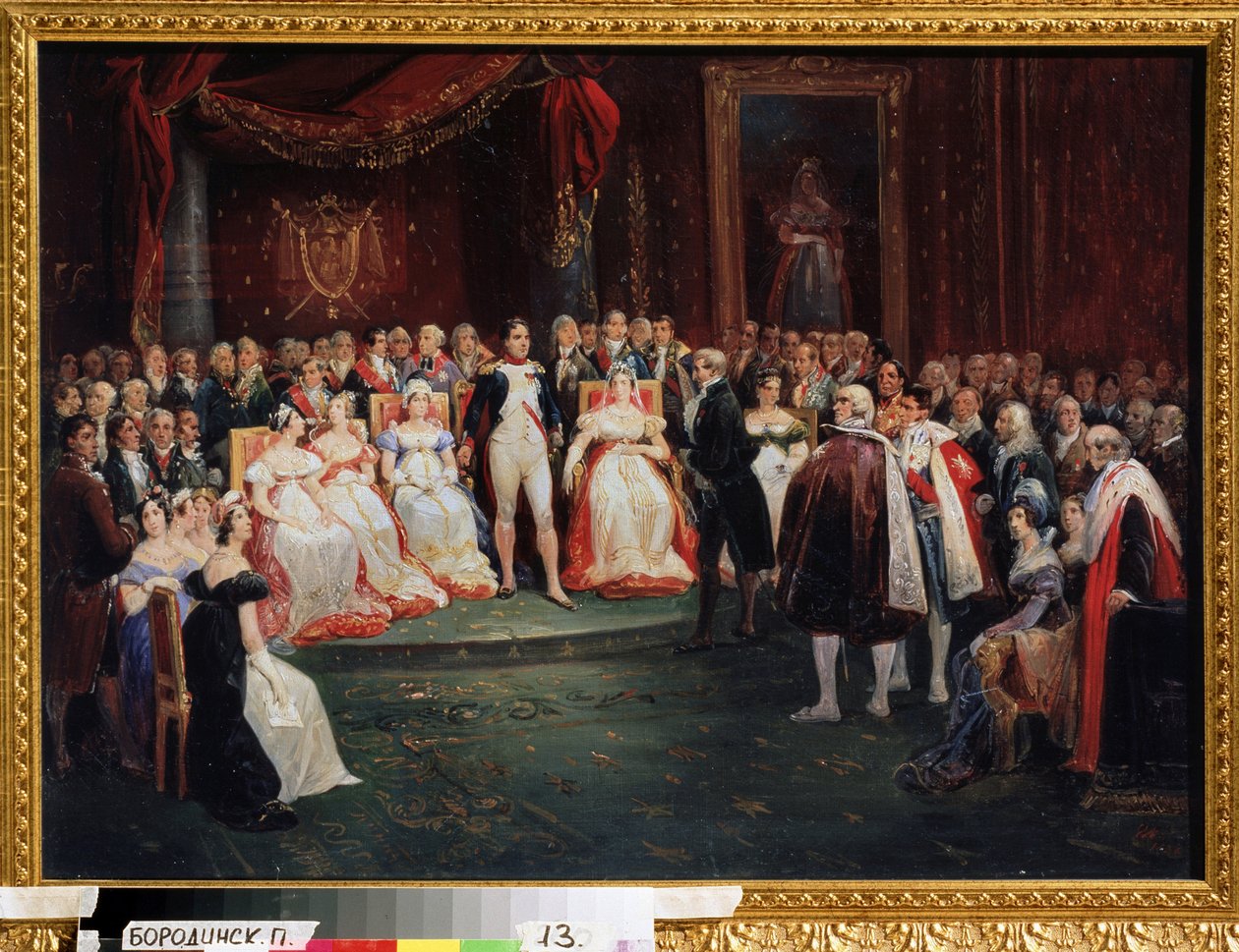 ""Receptionen af ​​kejser Napoleon Bonaparte (1769-1821)"": Georges Cuvier (1769-1832), stående foran Napoleon, blev udnævnt til Ridder af Æreslegionen den 26. november 1803. Blandt de tilstedeværende i rummet, kan vi notere: Madame de Stael af Albrecht Adam