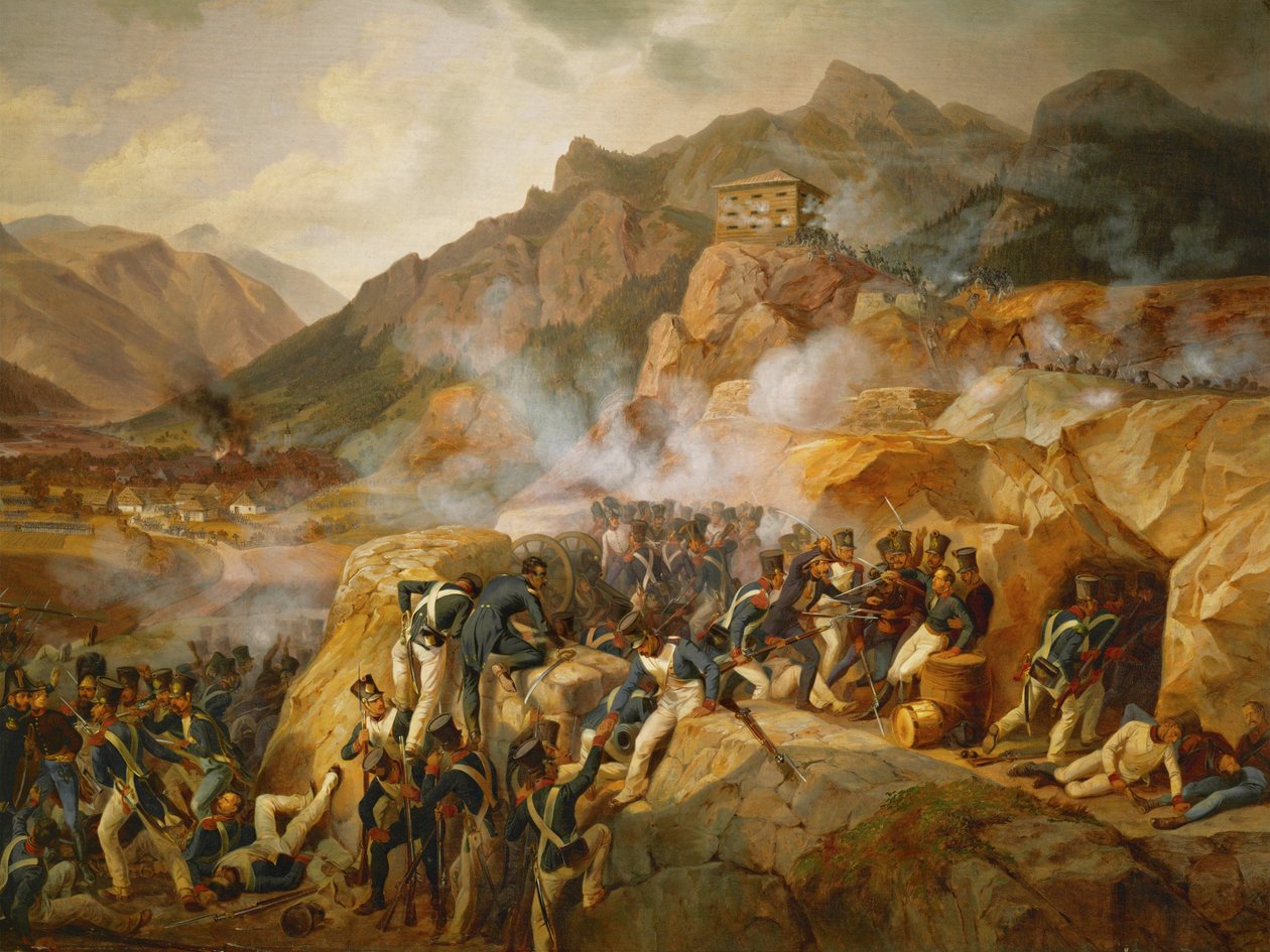 Napoleons tropper angriber det østrigske blokhus i Malborget, Sydtyrol ... (olie på lærred) af Albrecht Adam