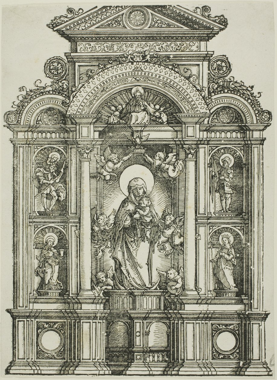 Altertavle med den smukke jomfru af Regensburg og de hellige Kristoffer, Maria Magdalena, Florian og Katarina stående i nicher med Gud Fader over sig af Albrecht Altdorfer