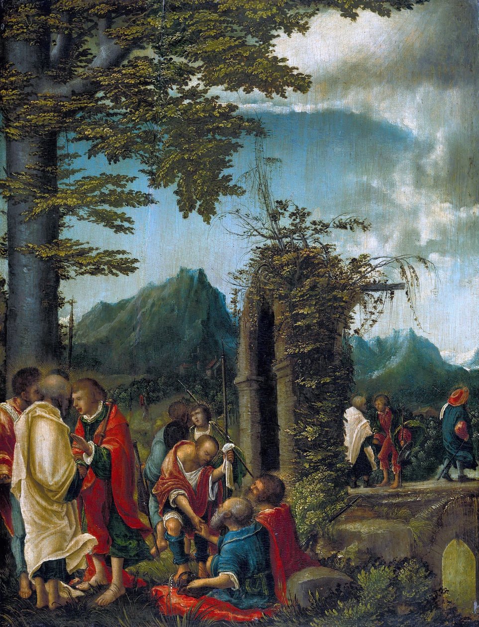 Tysk: Der Abschied der Apostel in waldiger Landschaft Apostlenes fællesskab / Apostle i et træbevokset landskab af Albrecht Altdorfer