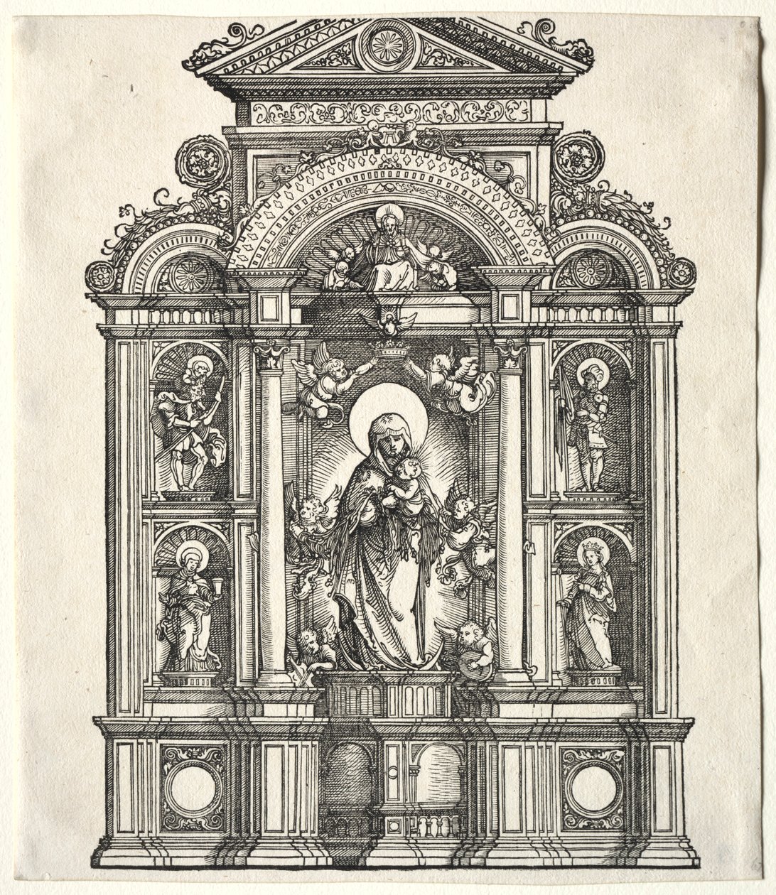 Storalter med Jomfruen, i en grænse til SS. Christopher, George, Barbara, Catherine, 1520. af Albrecht Altdorfer