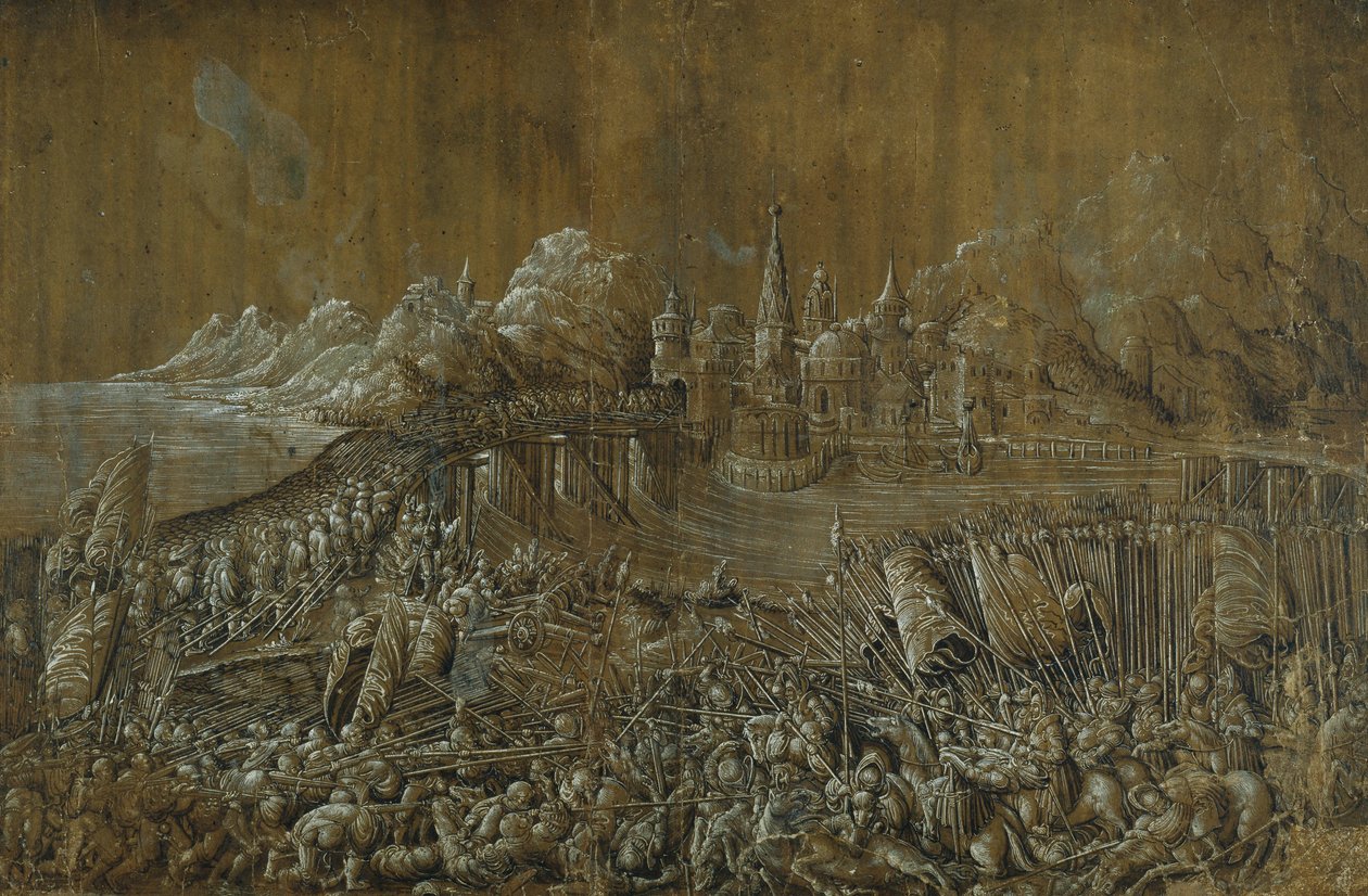 Landaknechten, Battle on a Bridge (pen og blæk med gouache på papir) af Albrecht Altdorfer