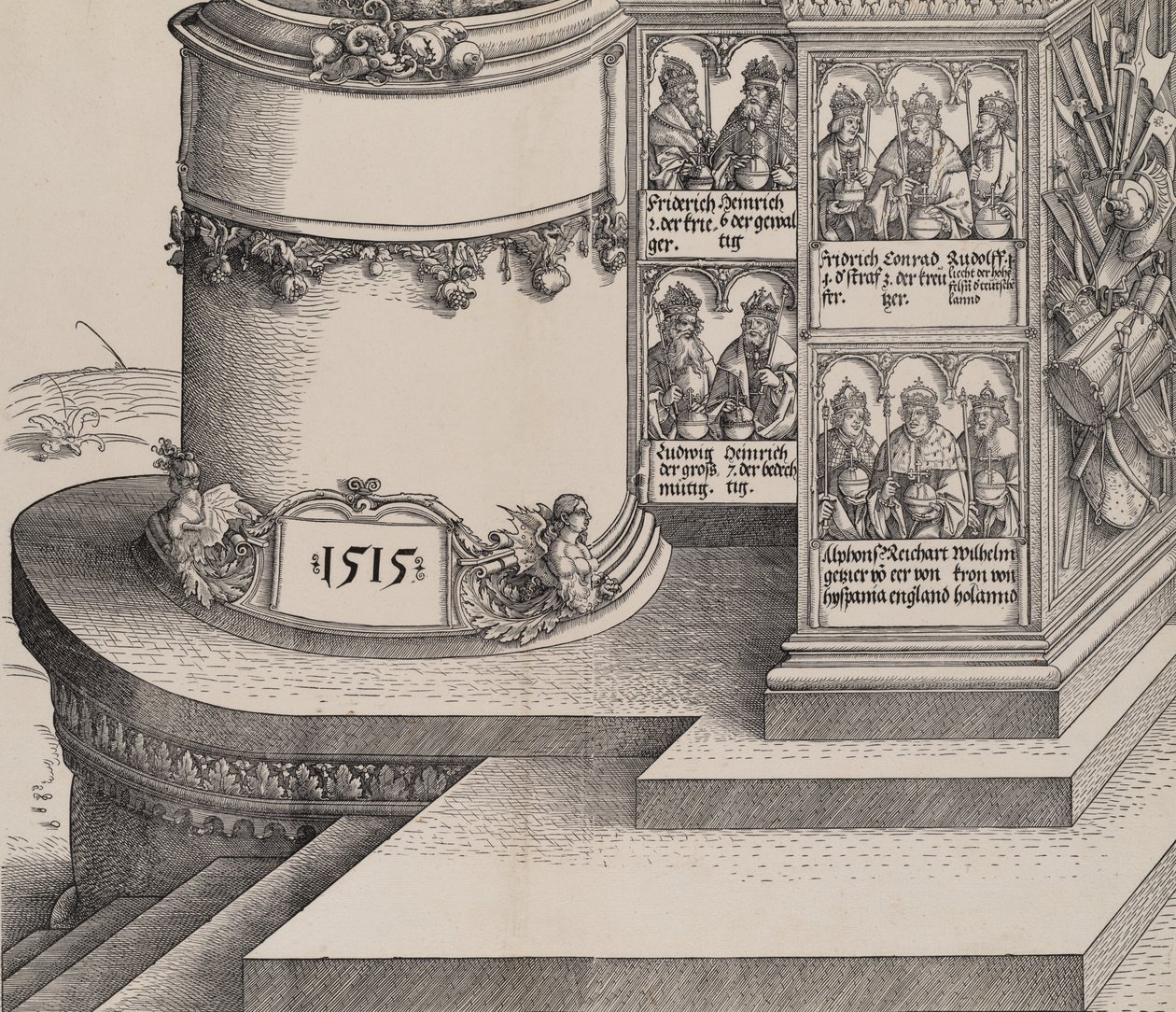 Portrætter af Maximilians slægtninge og bunden af den venstre ydre søjle med datoen 1..., 1515. af Albrecht Altdorfer