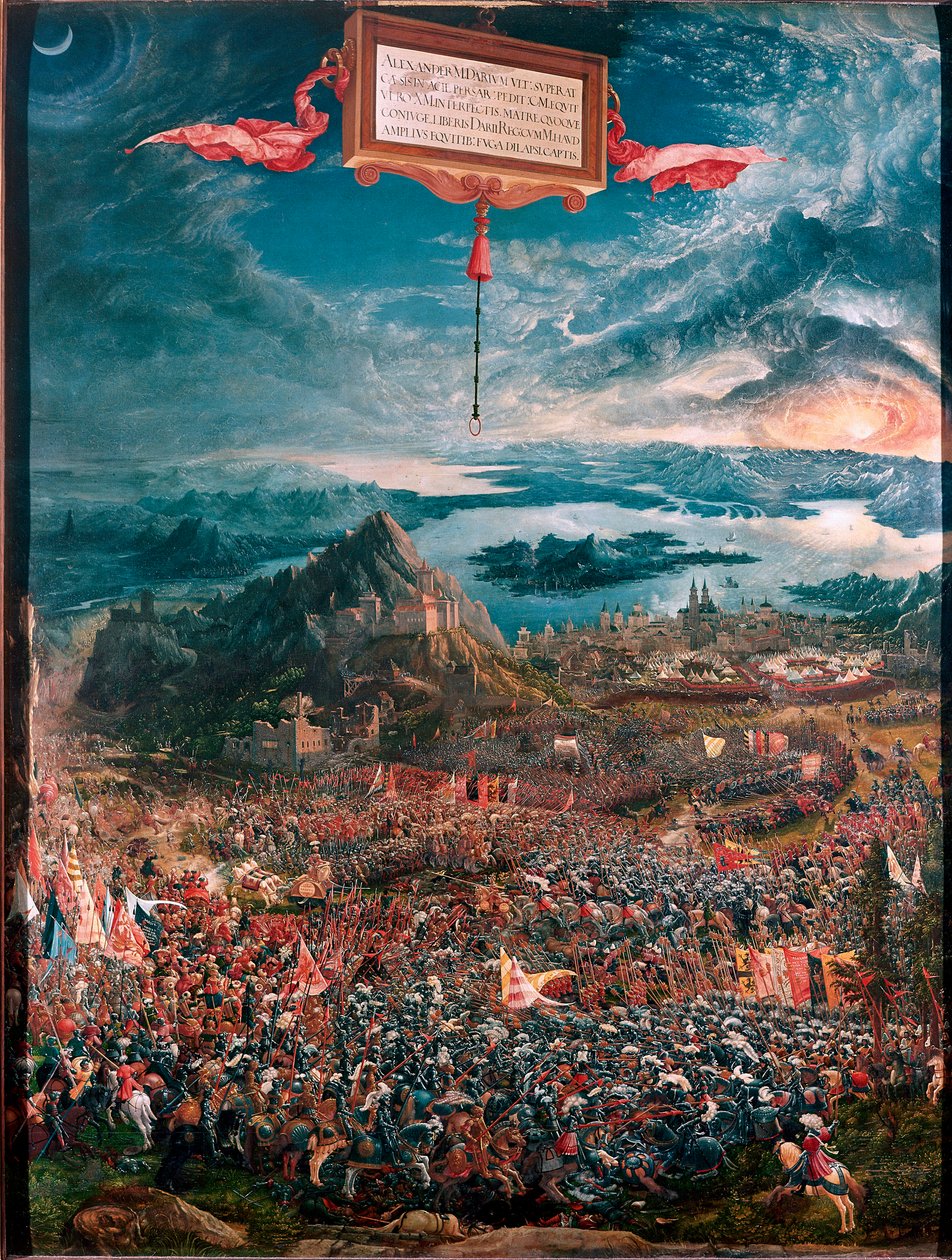 Slaget ved Issos (eller Issos) vundet af Alexander den Store i 333 f.Kr. Maleri af Albrecht Altdorfer (1480-1538) 1529 Dim 158x120 cm München, Alte Pinakothek - Slaget ved Isses (333 f.Kr.) - Maleri af Albrecht Altdorfer (1480) 1538), olie på træ af Albrecht Altdorfer