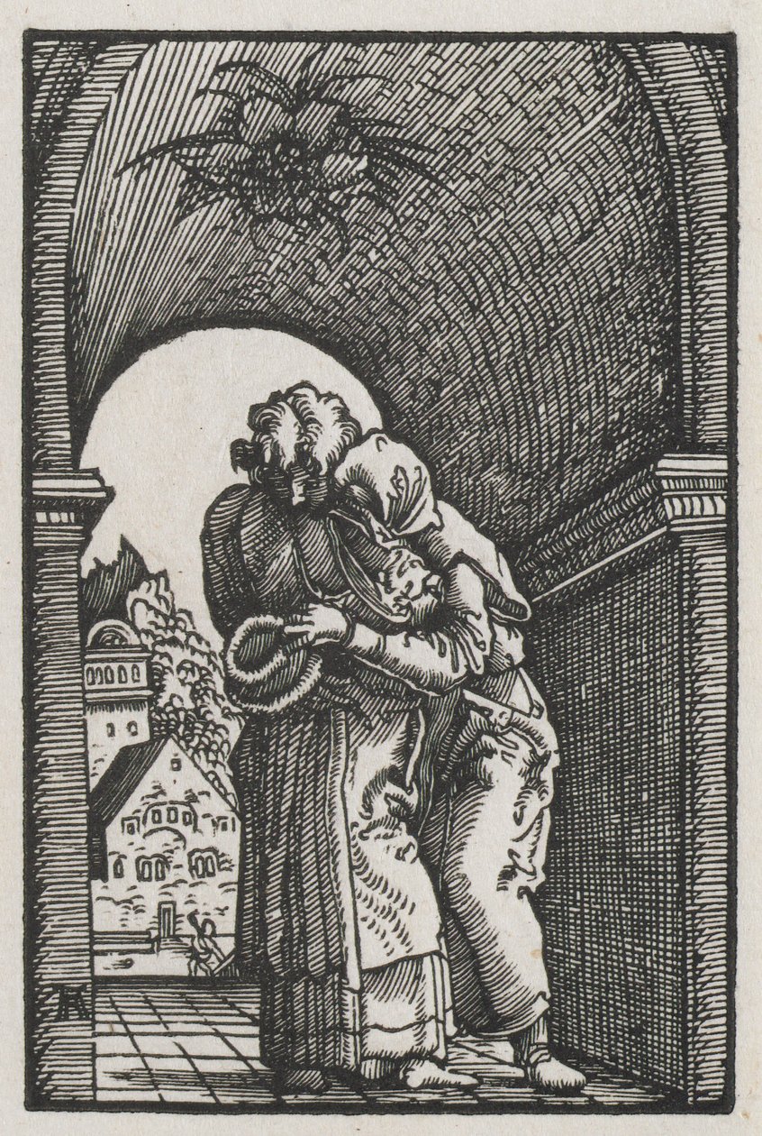 Menneskets fald og forløsning: Joachims og Annes omfavnelse ved den gyldne port af Albrecht Altdorfer
