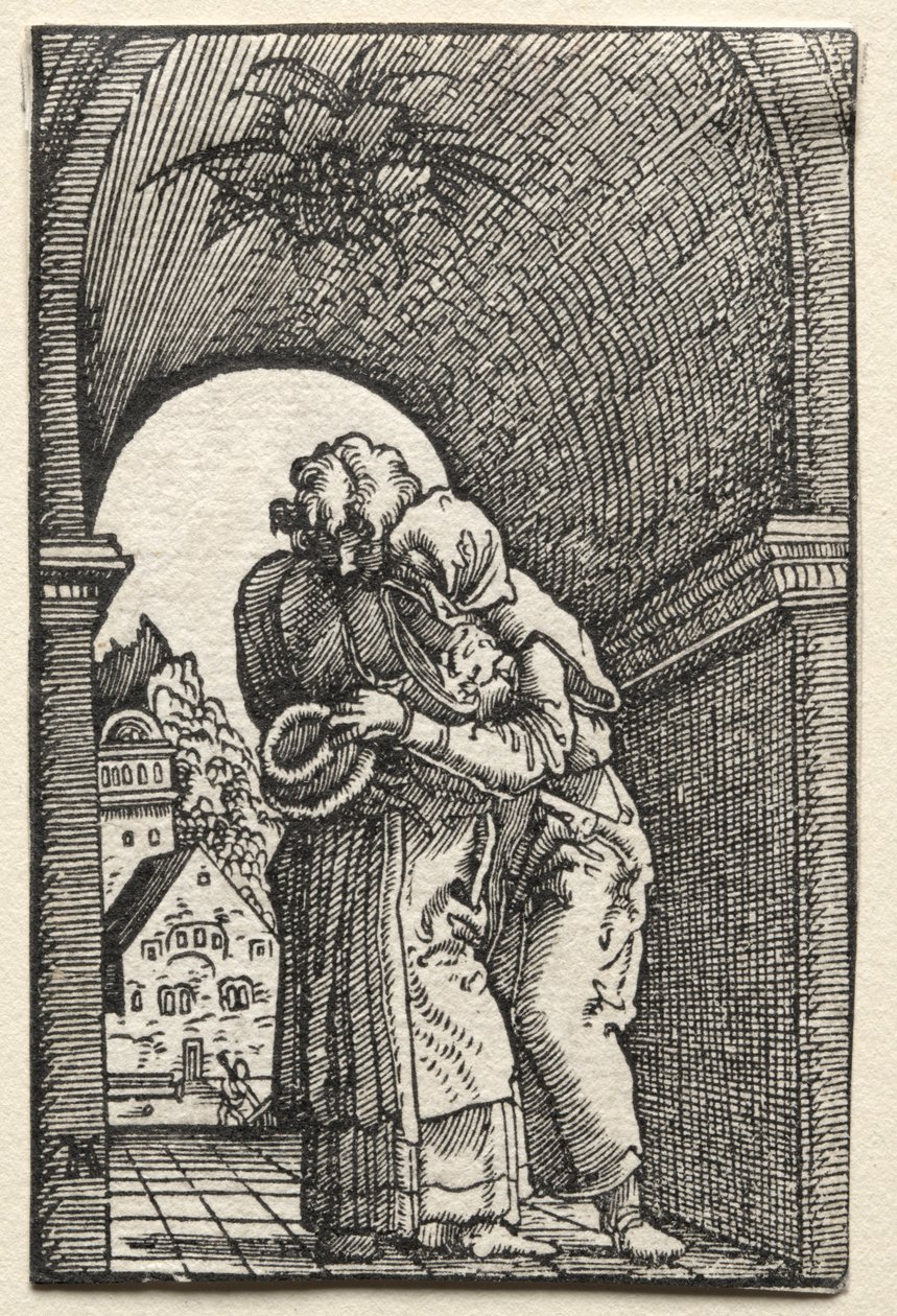 Menneskets fald og forløsning: Joachims og Annes omfavnelse ved den gyldne port, 1515. af Albrecht Altdorfer