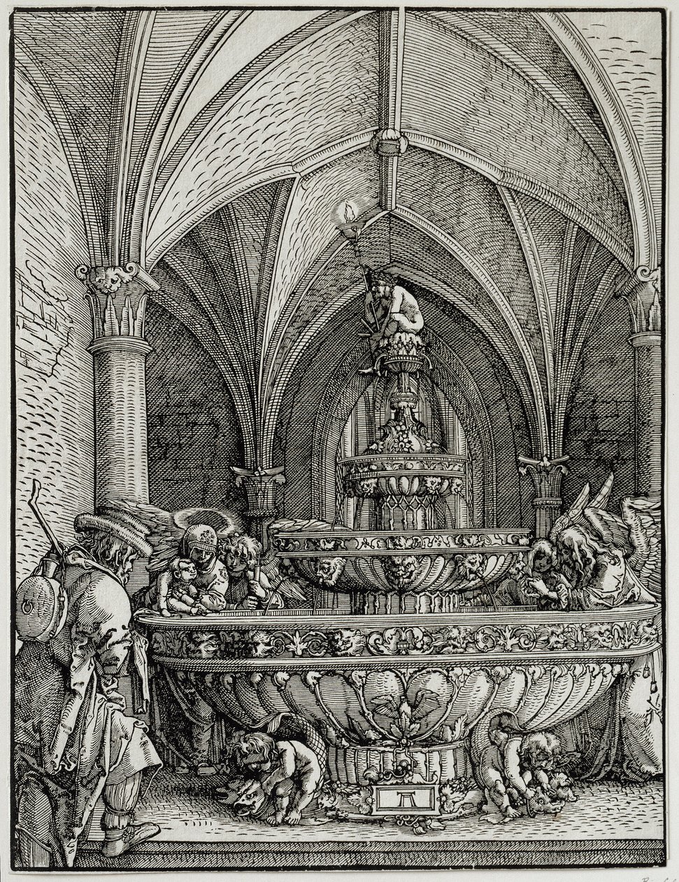 Den hellige familie har springvandet. Stik af tyske Albrecht Altdorfer (1480-1538). Louvre-museet af Albrecht Altdorfer
