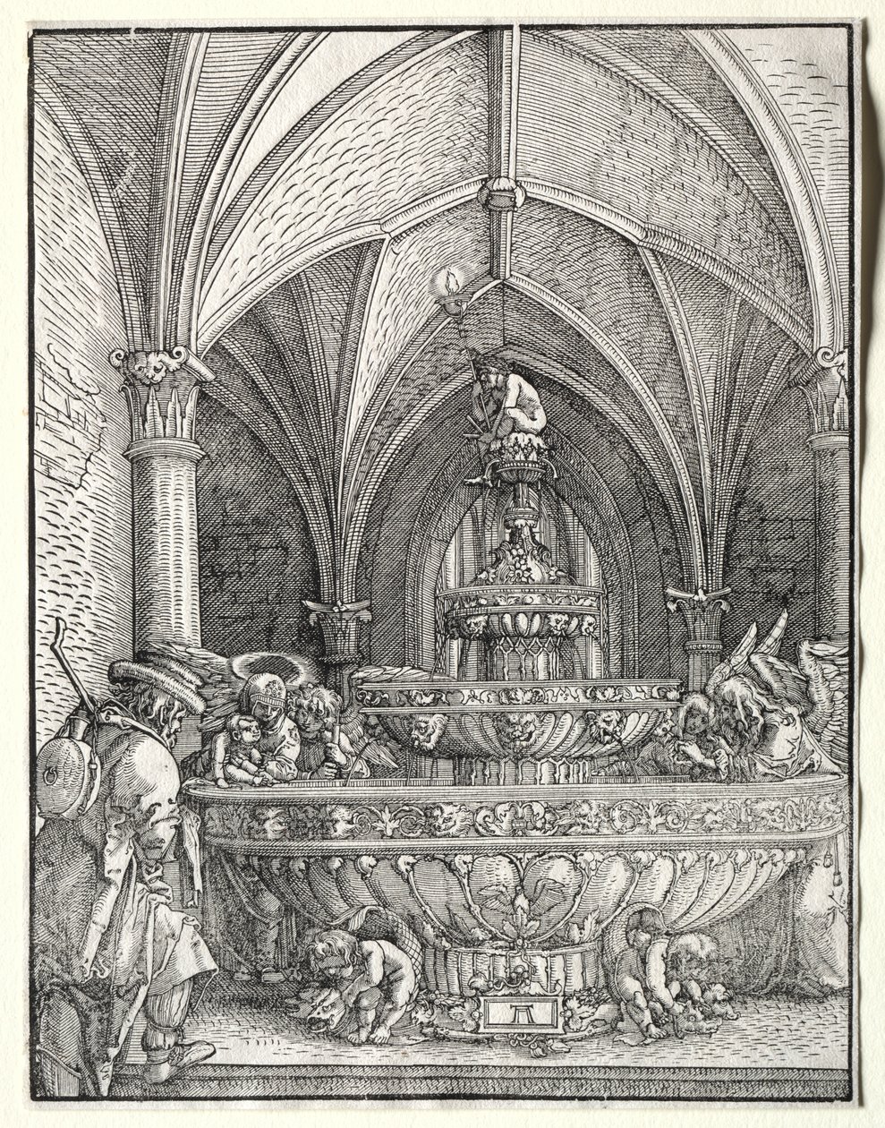Den hellige familie på flugt til Egypten ved et springvand, ca. 1520. af Albrecht Altdorfer