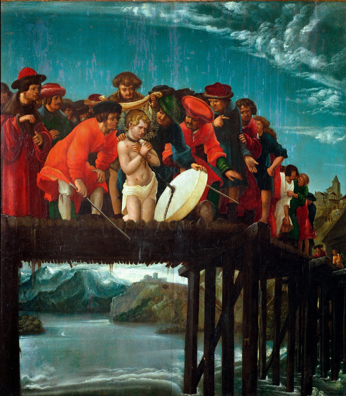 Martyren fra Saint Florian Christian Florian, martyrdøden under forfølgelsen af Diocletian, blev kastet i floden nær Lorch i Østrig i 304 e.Kr. Detalje. Maleri af Albrecht Altdorfer (1480 ca.-1538) 1525-1530 Dim. 76x67 cm Firenze, galleria degl af Albrecht Altdorfer