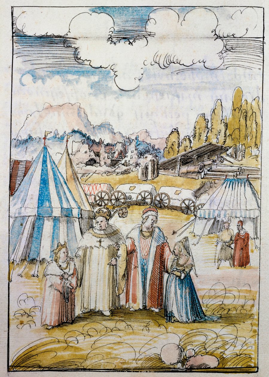 Den kommende kejser Maximilian I, anført af sin far, Friedrich III, møder sin brud, Maria af Burgund, i Neuss ... af Albrecht Altdorfer