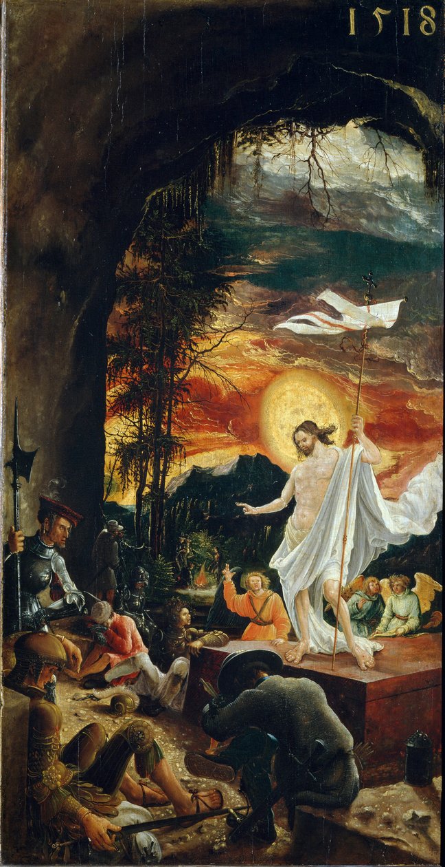 Kristi opstandelse Han holder en korspind for enden af hvis ende svæver et hvidt flag (standard). Maleri af Albrecht Altdorfer (ca. 1480-1538) 1518 Dim. 70x37 cm Vienna Kunsthistorisches Museum af Albrecht Altdorfer