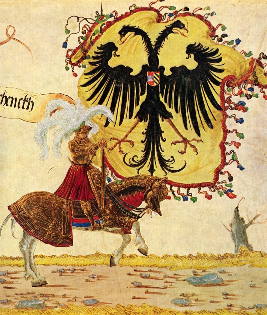 Kejser Maximilians triumftog, scene: Kejserligt banner og sværd, detalje af Albrecht Altdorfer