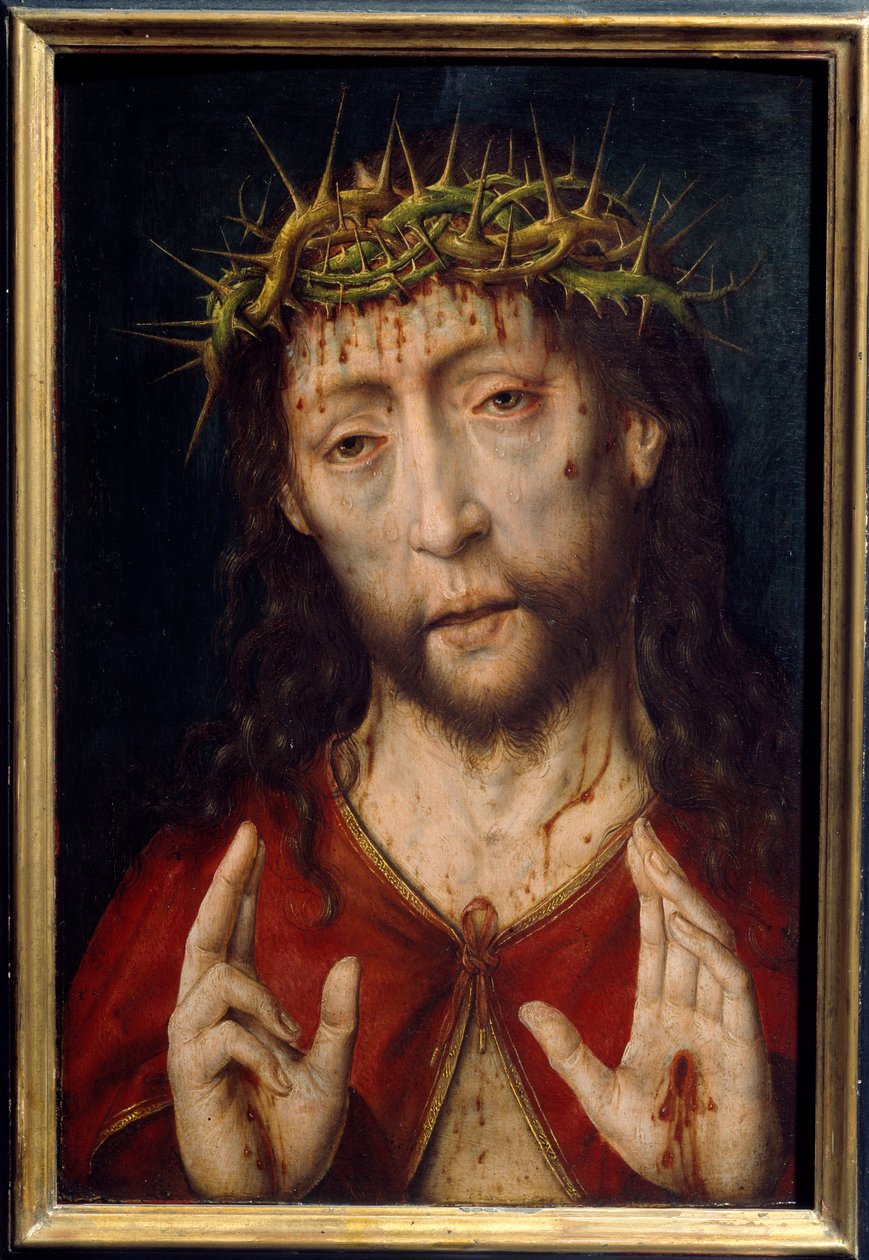 Smertens Kristus. Kristi ansigt i blodsår ved tornekronen med stigmas i håndfladerne. Maleri af Albrecht Bouts (v.1455-1549) Ec. Hol. af Albrecht Bouts