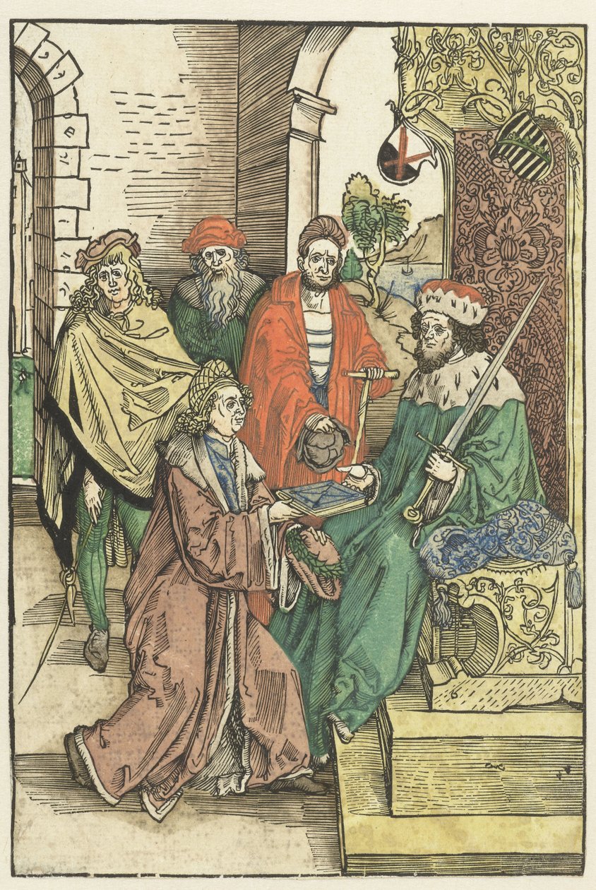 Conrad Celtis tilbyder Frederik III den Vise, Kurfyrste af Sachsen, en bog med Roswitha van Gandersheims arbejde af Albrecht Dürer (attributed to)