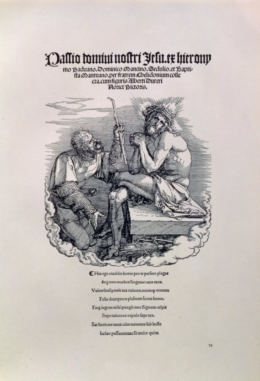 En romersk soldat, der håner Kristus, med kunstnerens navn på latin over og forneden et digt, der beskylder manden for hans synder, titelblad til serien The Great Passion, pub. 1511 af Albrecht Dürer