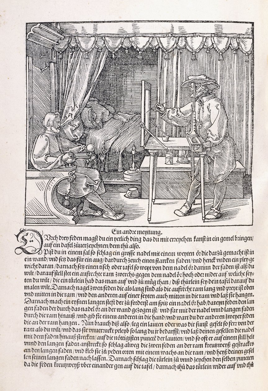 En tegner tegner et portræt ved hjælp af en tegneramme, 1525 af Albrecht Dürer