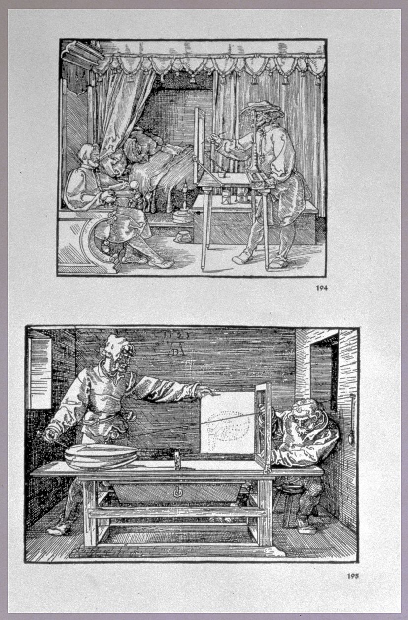 Apparat til at oversætte tredimensionelle objekter til todimensionelle tegninger, to scener fra kunstnerens første tekniske bog Introduktion til kunsten at måle med kompas og lineal, skrevet af Albrecht Dürer
