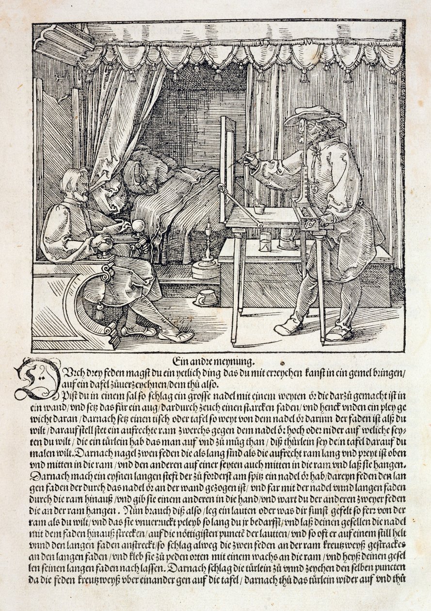 Kunstner bruger Durers tegnemaskine til at male en figur, fra "Kursus i tegnekunst" af Albrecht Durer, udgivet i Nürnberg 1525 (se også 310983) af Albrecht Dürer