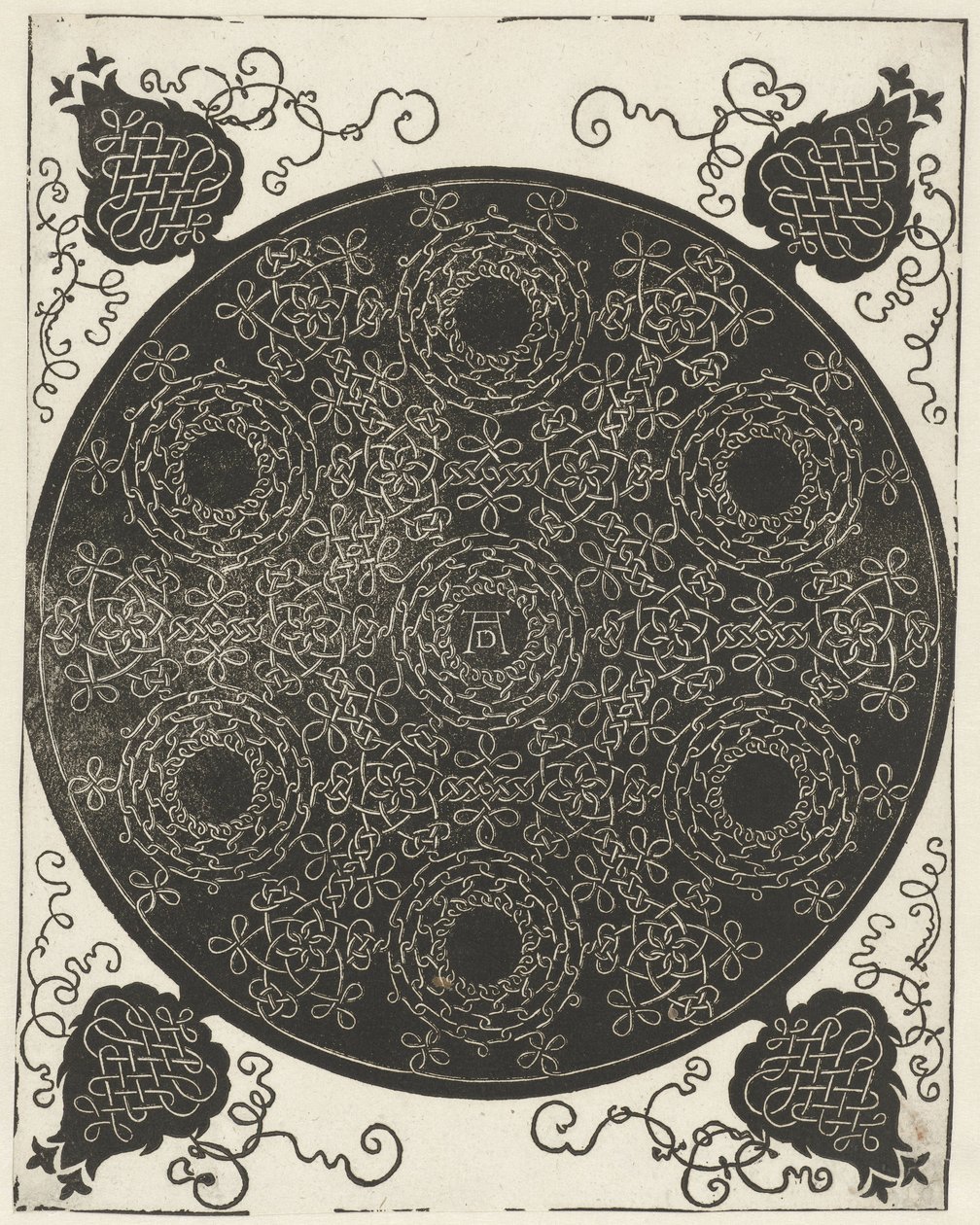 Broderieksempel med syv kransformede motiver af Albrecht Dürer