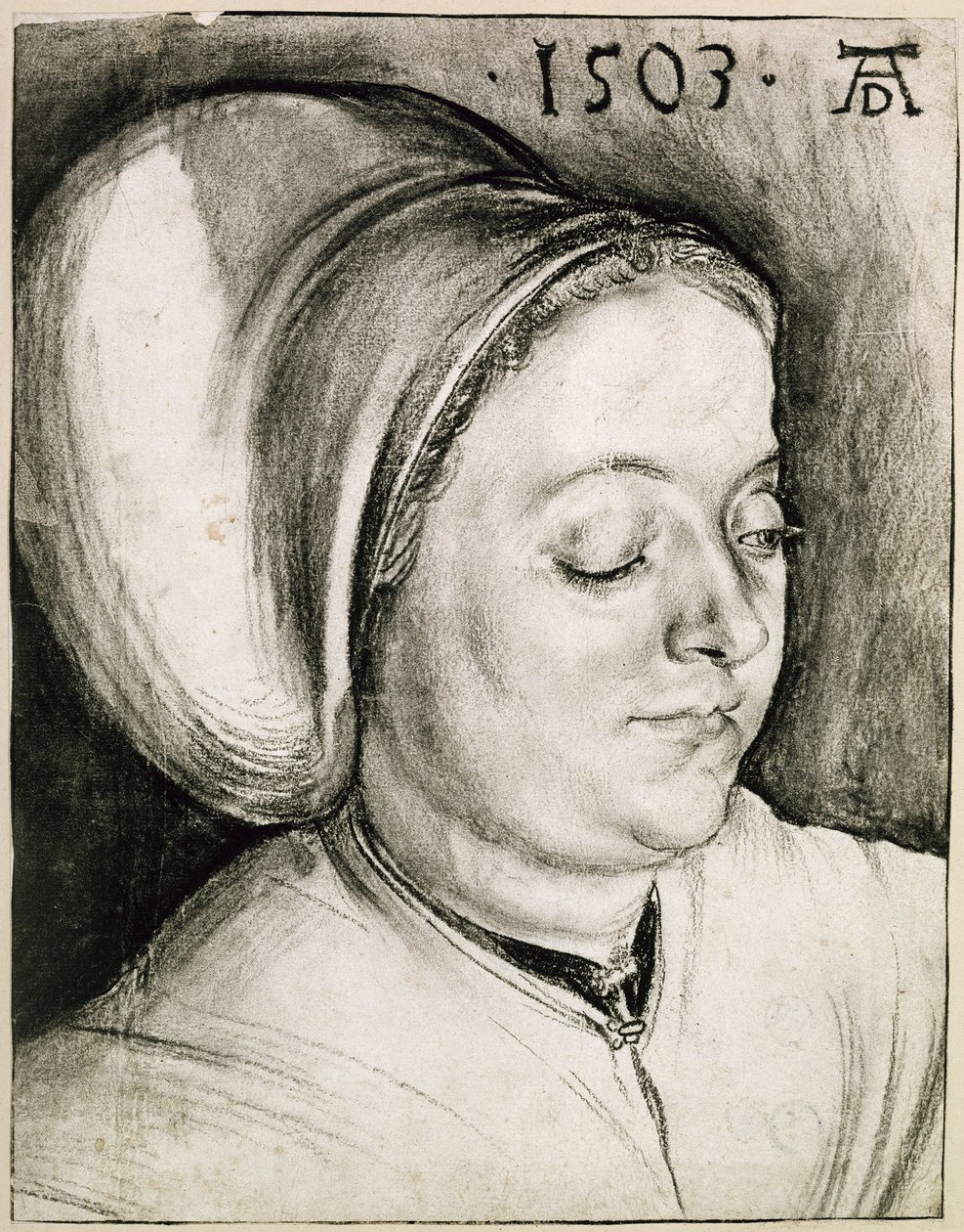 Brystbillede af en kvinde med polstret hue af Albrecht Dürer