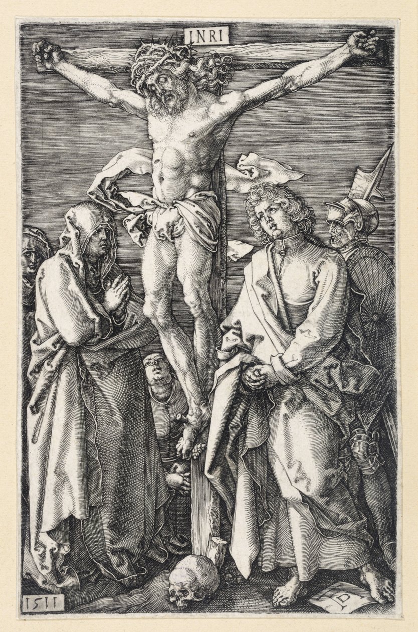 Kristus på korset mellem Maria og Johannes (Graveret passionshistorie) af Albrecht Dürer