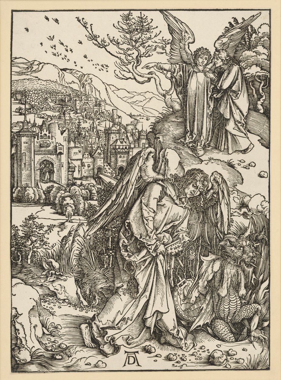 Englen kaster dragen i afgrunden og lukker den inde dér (Apokalypsen) af Albrecht Dürer