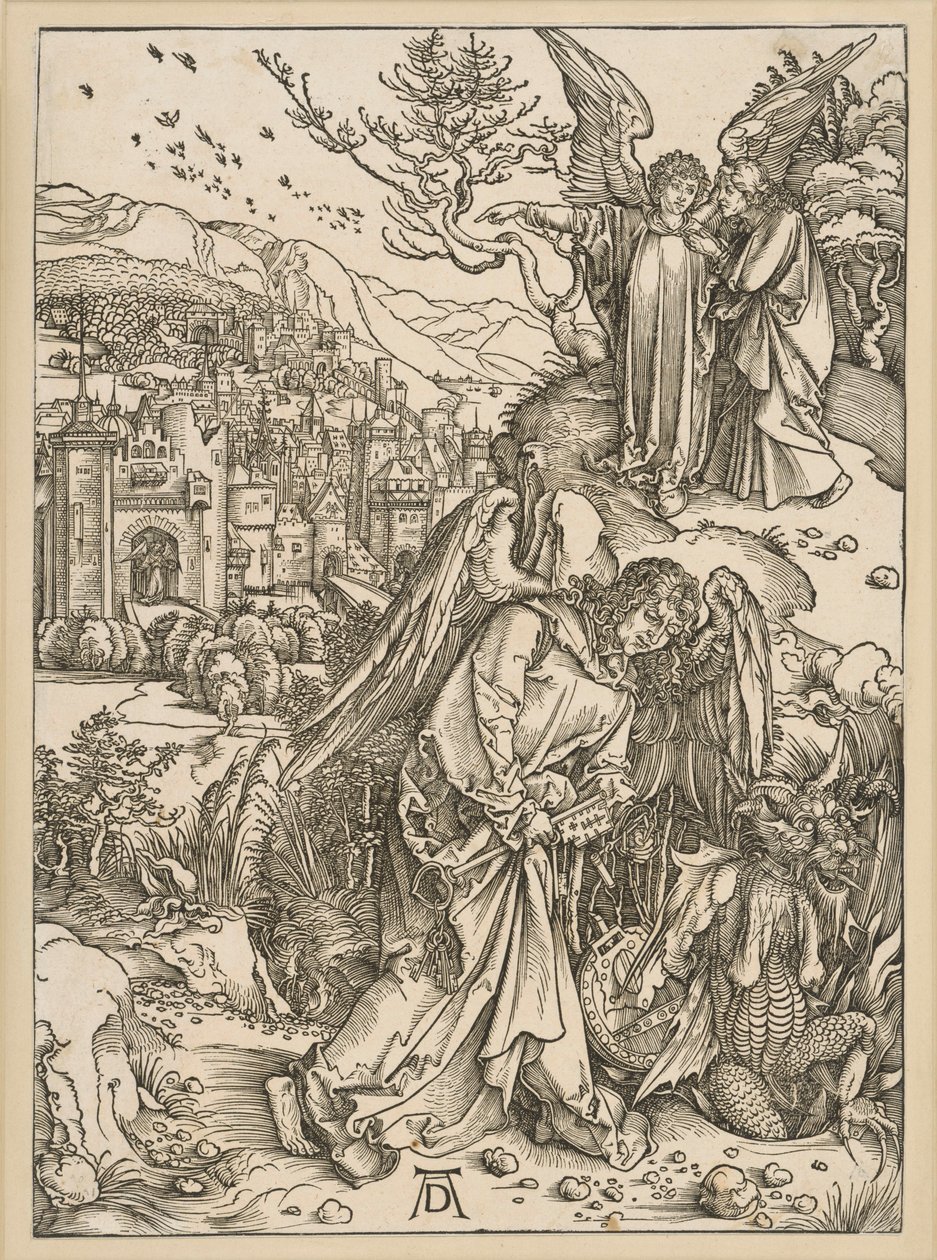 Englen kaster dragen i afgrunden og lukker ham inde (Apokalypsen) af Albrecht Dürer