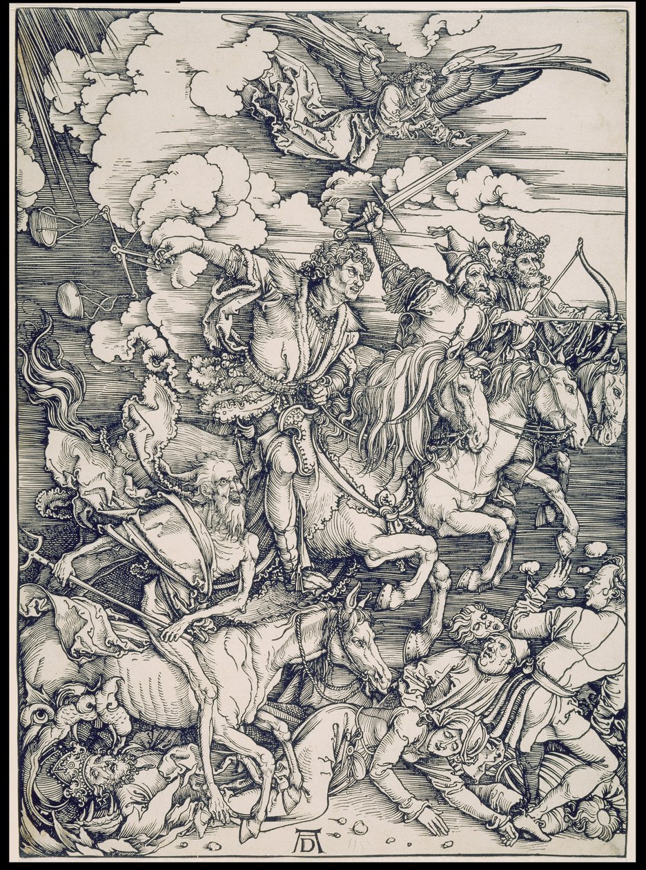 Apokalypsens ryttere, fra serien Apokalypsen, enkelttryk før teksten af Albrecht Dürer