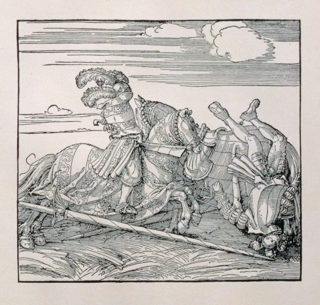 Kejser Maximilian I af Tyskland (1459-1519) afsætter en modstander i en dyst fra en uudgivet bog, der glorificerer kejsernes riddergerninger, ca. 1515 af Albrecht Dürer