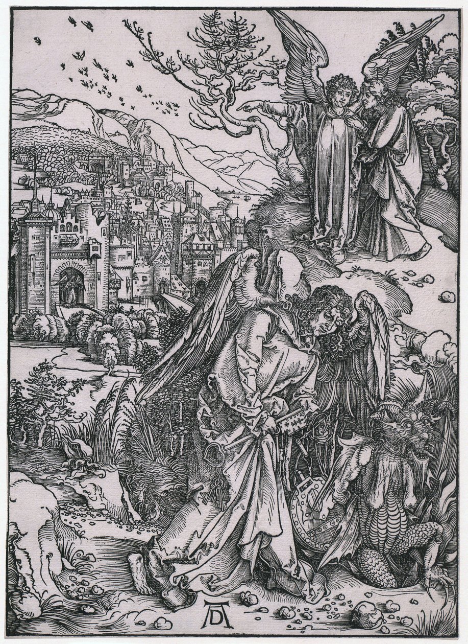 Englen med nøglen til afgrunden, figur XIV, blad 16 i serien »Apokalypsen« af Albrecht Dürer