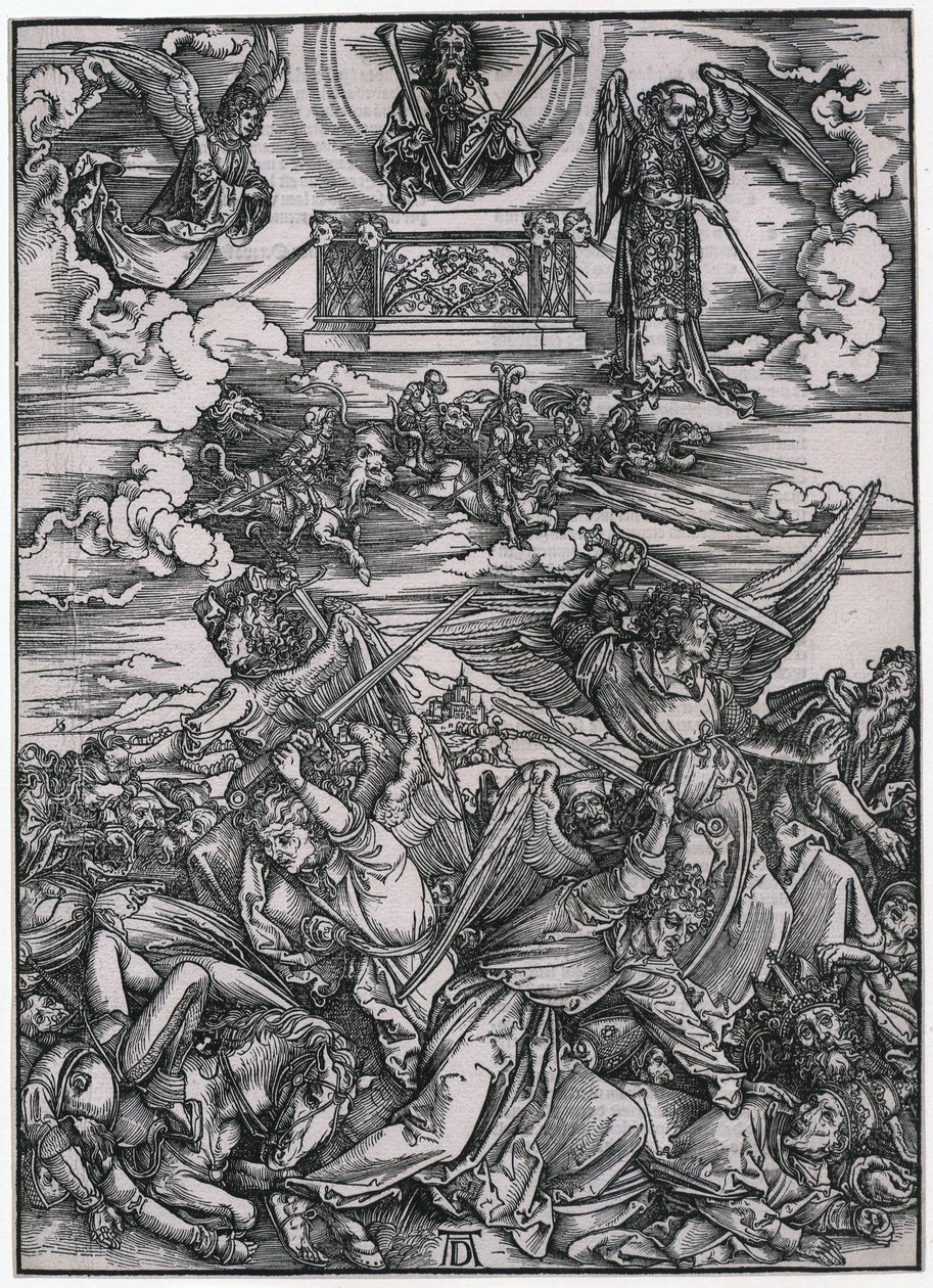 Englekamp, figur VII, blad 9 i serien »Apokalypsen« af Albrecht Dürer
