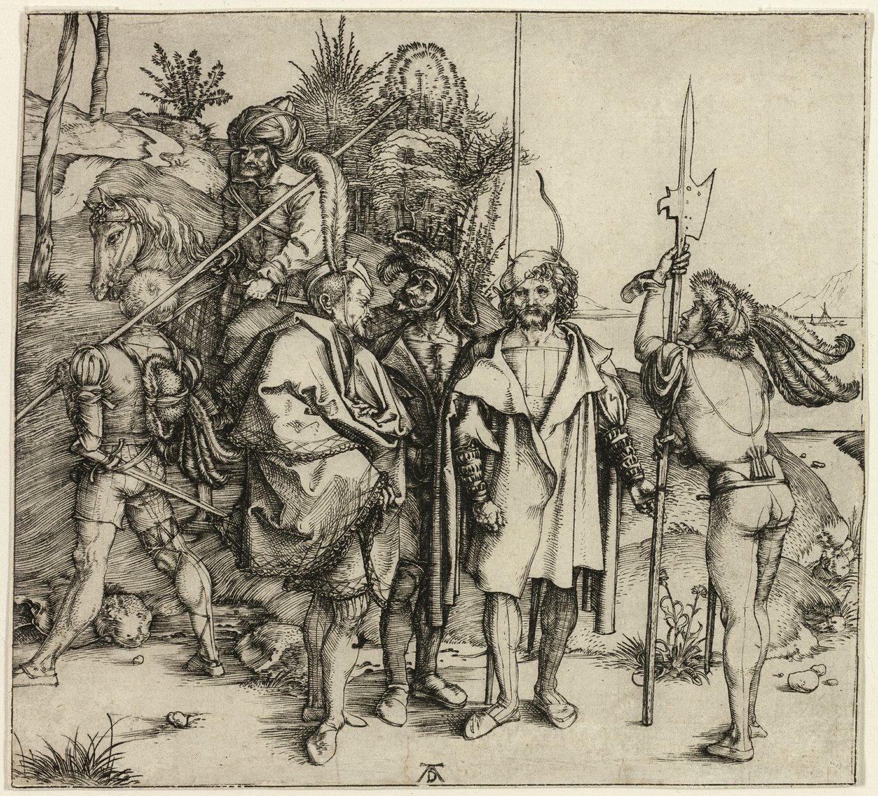 Fem Landsknechte og en orientalsk mand til hest af Albrecht Dürer